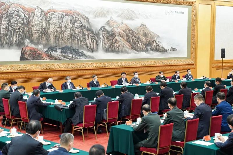 7月13日，中国共产党成立100周年庆祝活动总结会议在北京举行。中共中央政治局常委王沪宁出席总结会议并讲话。新华社记者 殷博古 摄